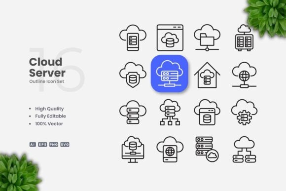 Cloud Server Outline Icons: A Modern Graphic Design Asset
