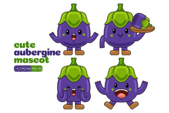 Cute Aubergine Mascot Vector Pack 03 Graphics