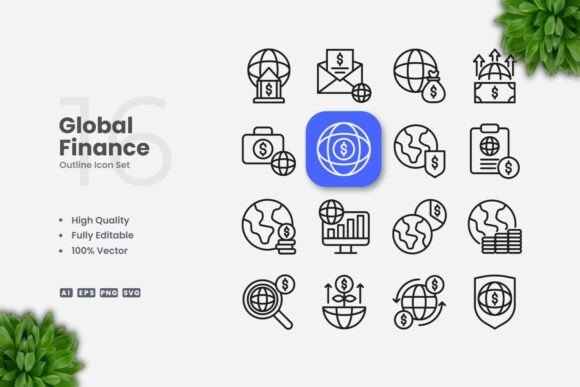 Global Finance Outline Icons: A Clean Graphic Asset for Modern Branding